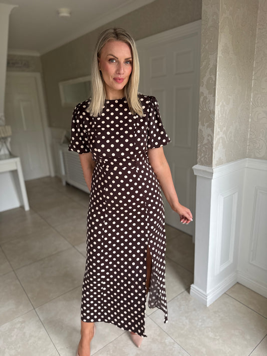 Chocolate Polka Dot Print Puff Sleeve Midi Dress