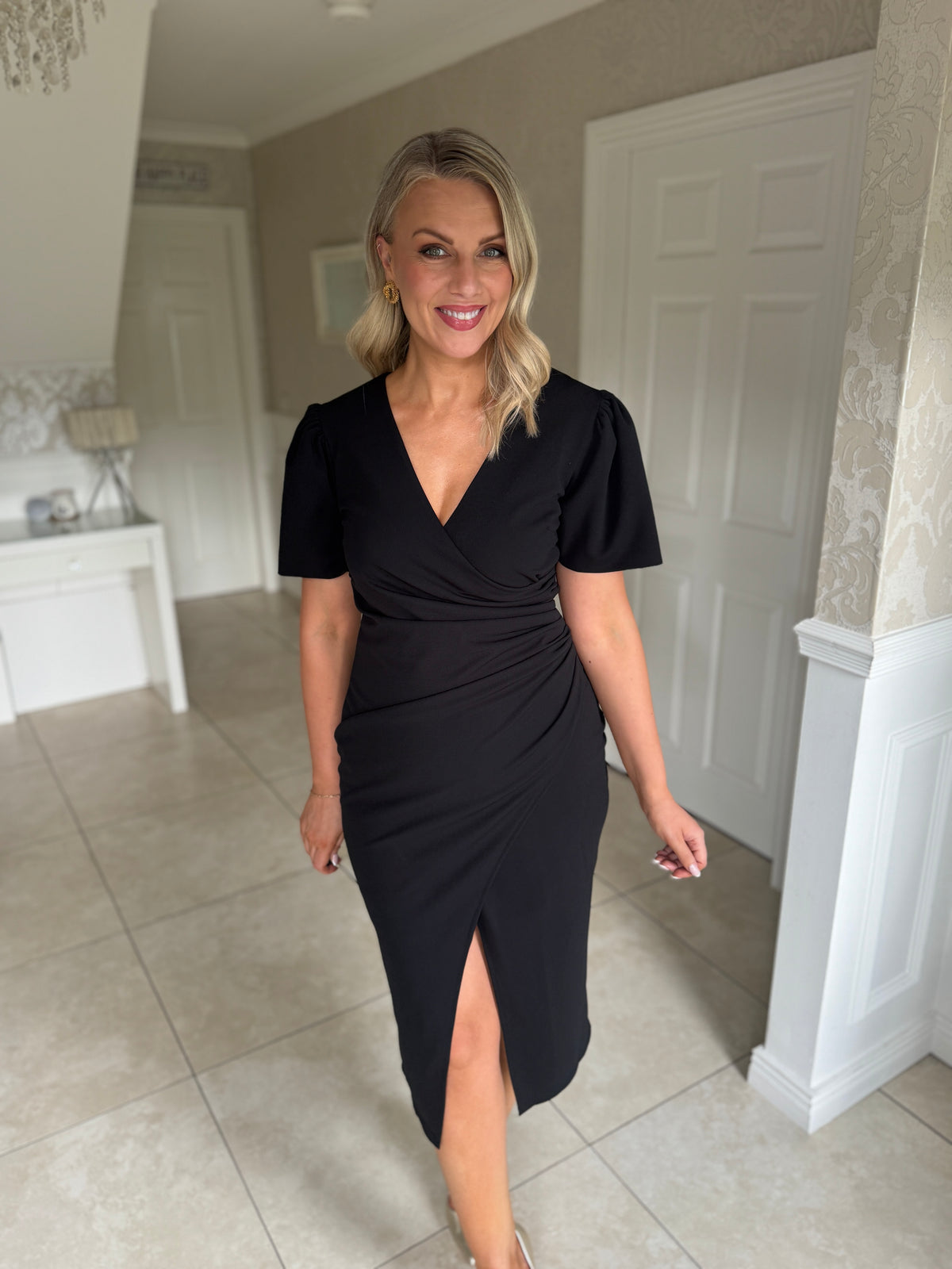 Freya Puff Sleeve Wrap Neck Ruched Midi Black