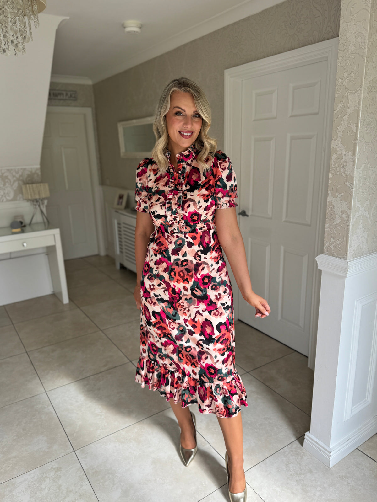 Kirsty Ruffle Hem Midi Dress Pink Leopard