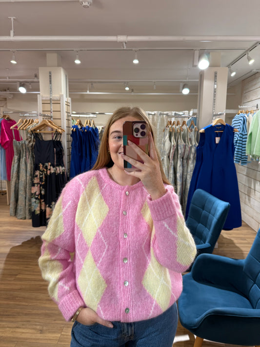 Argyle Wool Cardigan- Pink & Lemon