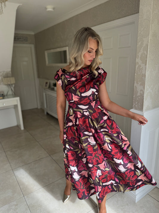 Betty Asymmetric Neckline Large Floral Skater Midi Dress Cranberry