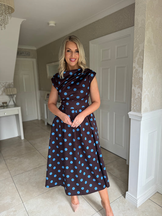 Betty Asymmetric Neckline Floral Skater Midi Dress Brown Polka