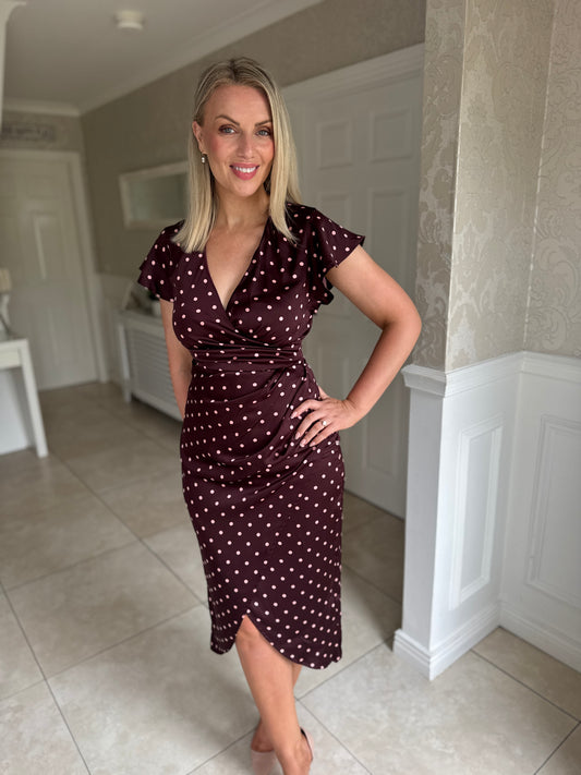 Burgundy Polka Dot Print Flutter Sleeve Wrap Midi Dress
