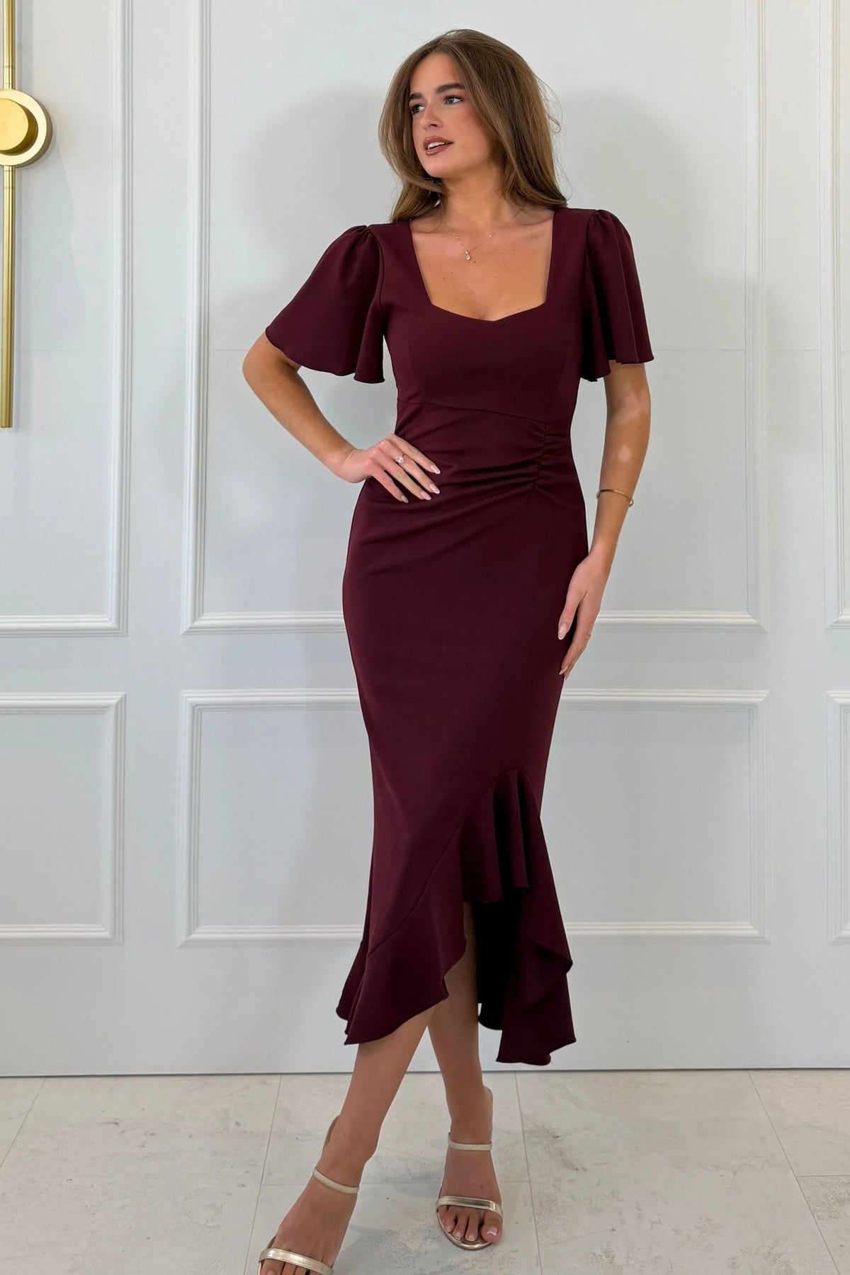 Darcie Flaired Sleeve Frill Midi Dress Berry