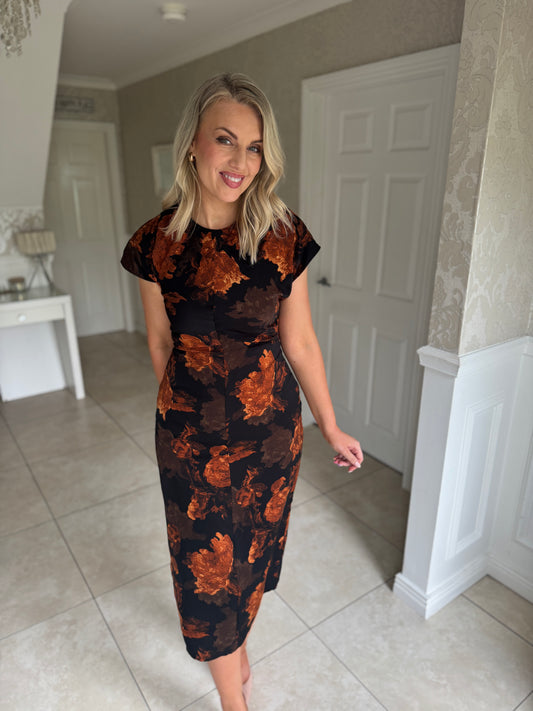 Terri Ruched Waist Short Sleeve Orange Midi Dress