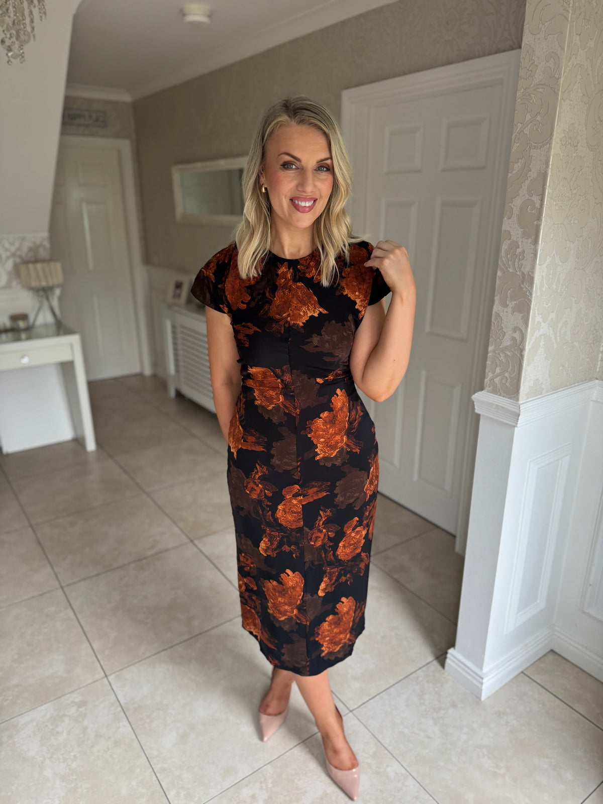 Terri Ruched Waist Short Sleeve Orange Midi Dress