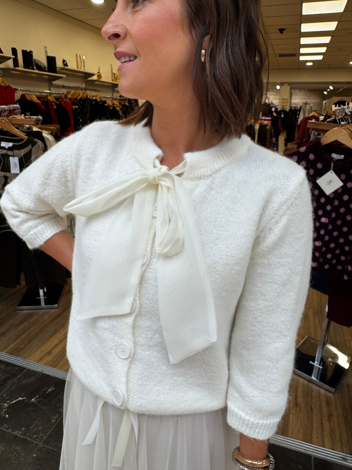 Bow Tie Short Sleeve Knit- Cream