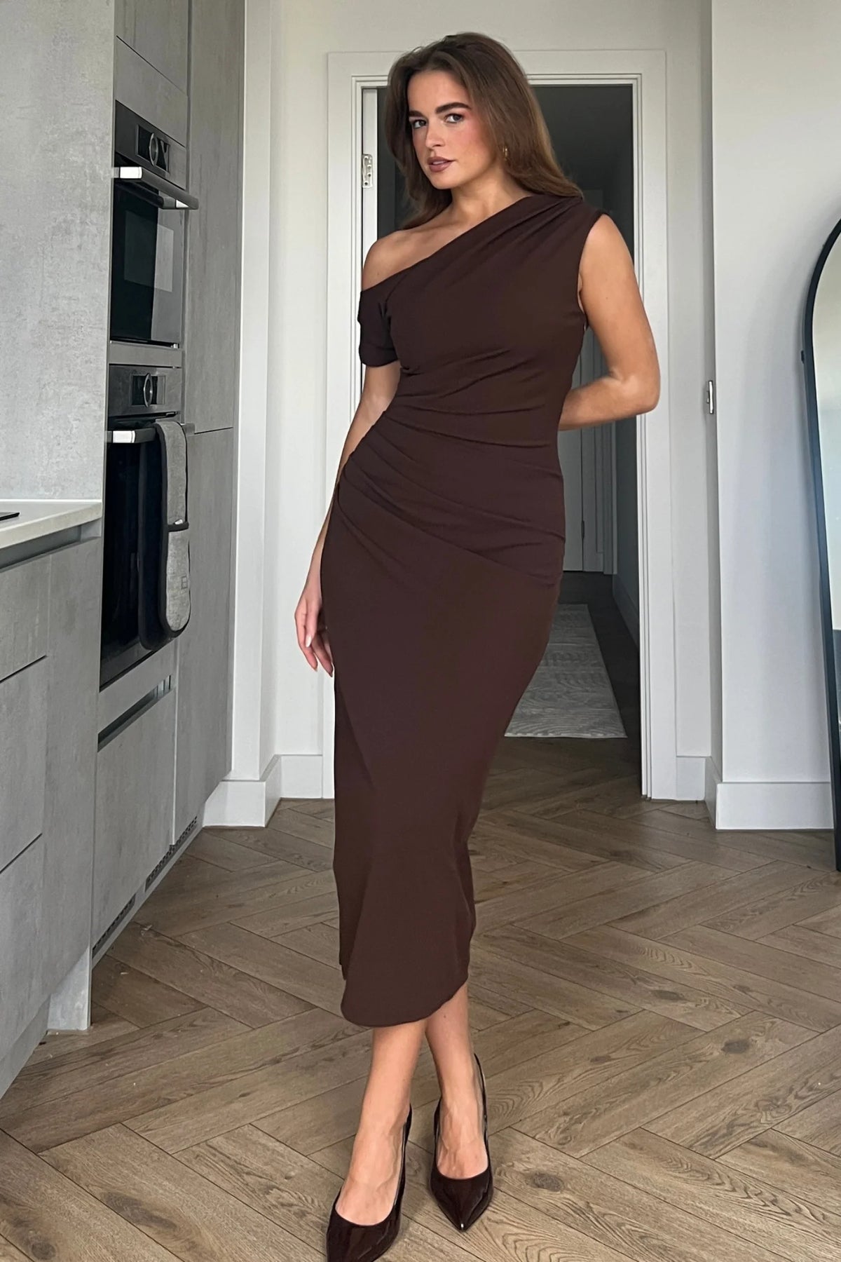 Donna Asymmetric Neckline Midi Dress Brown