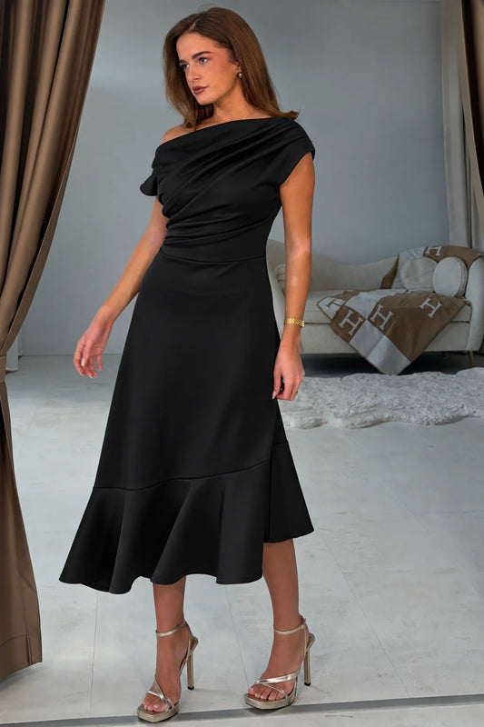 Felicity Asymmetric Frill Midi Dress Black