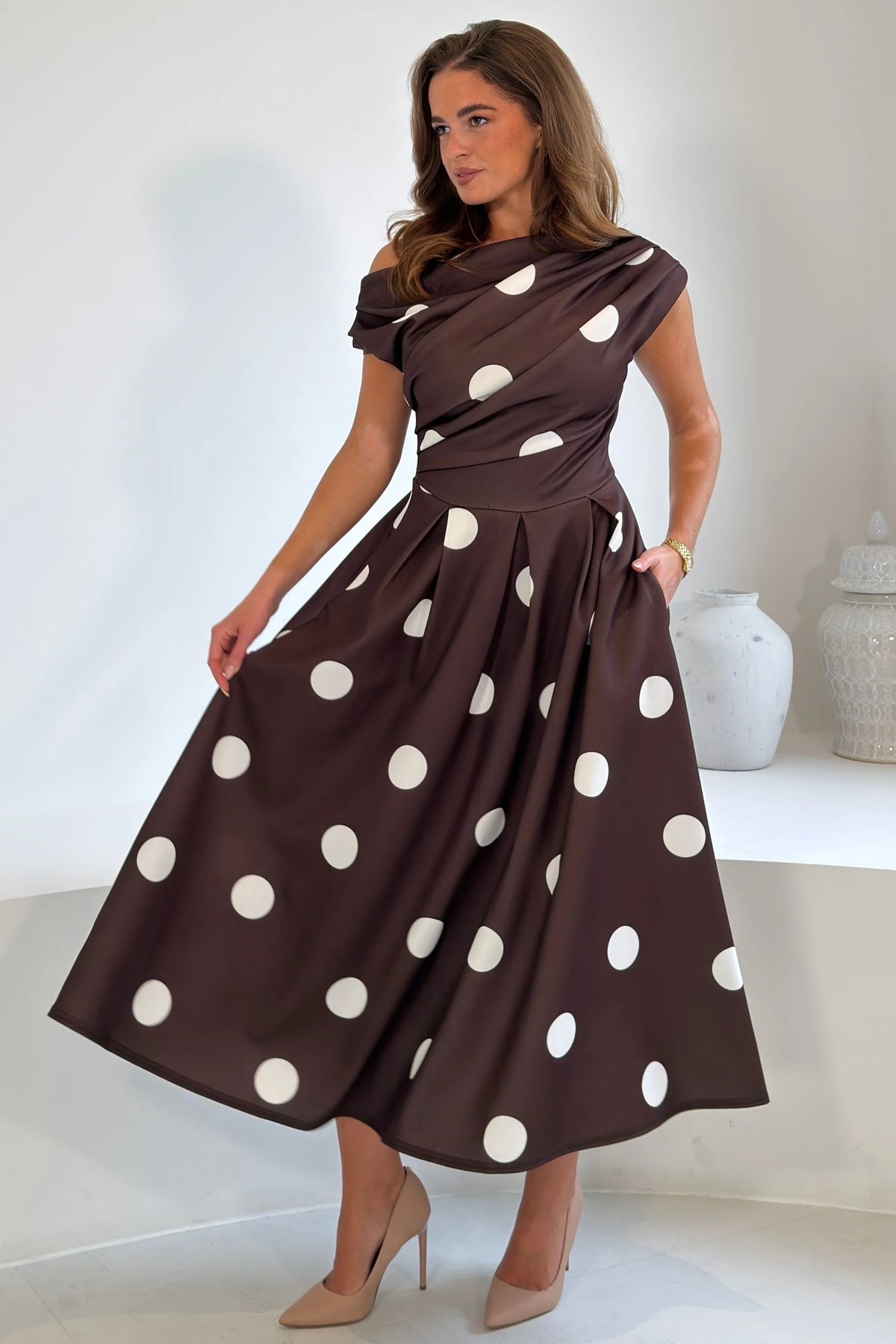Betty Asymmetric Large Brown Polka Dress